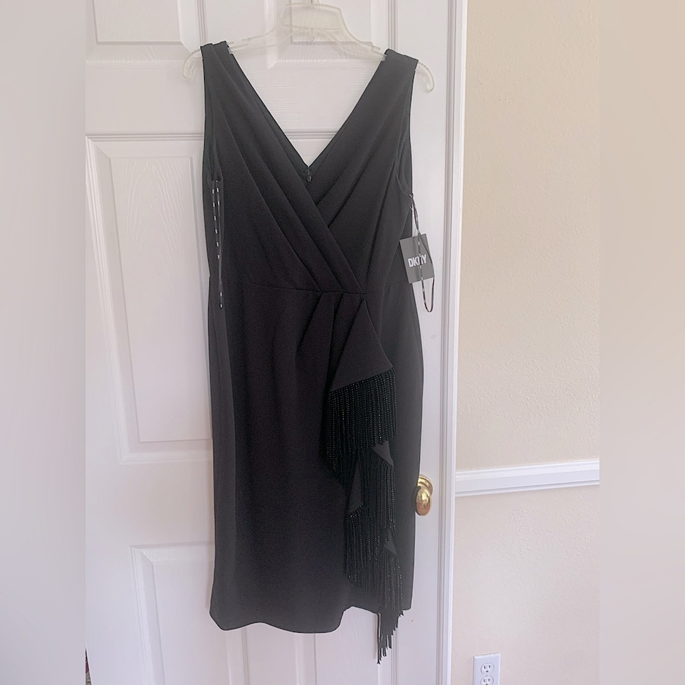 NWT DKNY Shift Dress: Black V-Neck Sleeveless, Vertical Fringe w/Rhinestones 12